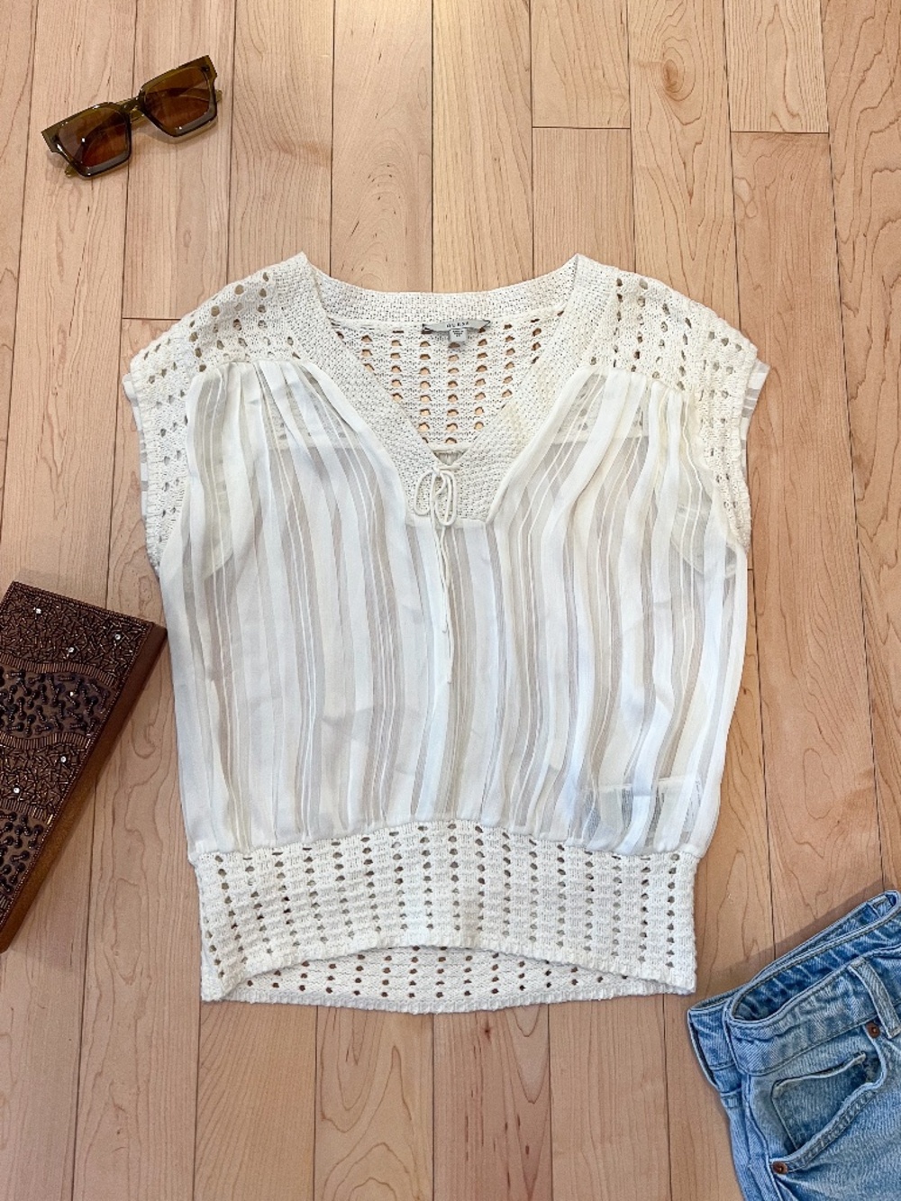 Guess Crochet Lace Trim Blouse Sheer Boho Cottagecore Top XS